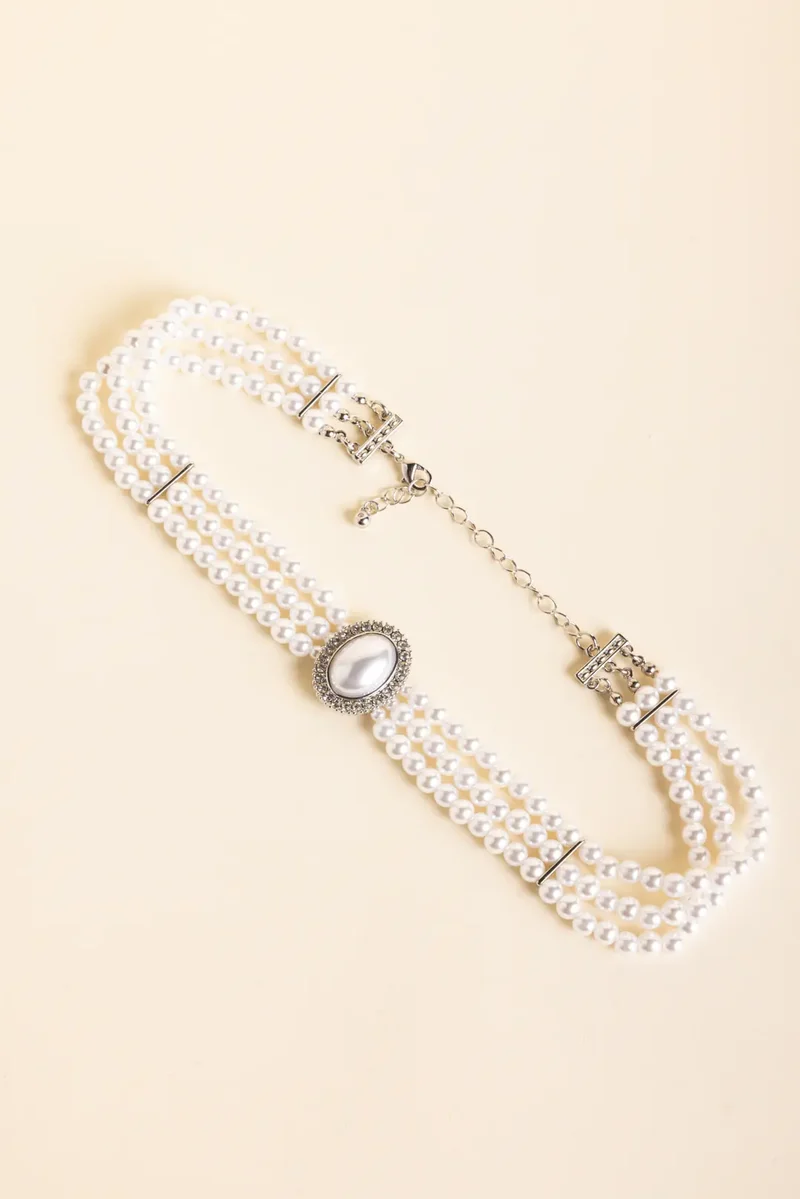 3-Row Pearl Checker Necklace with Center Stone