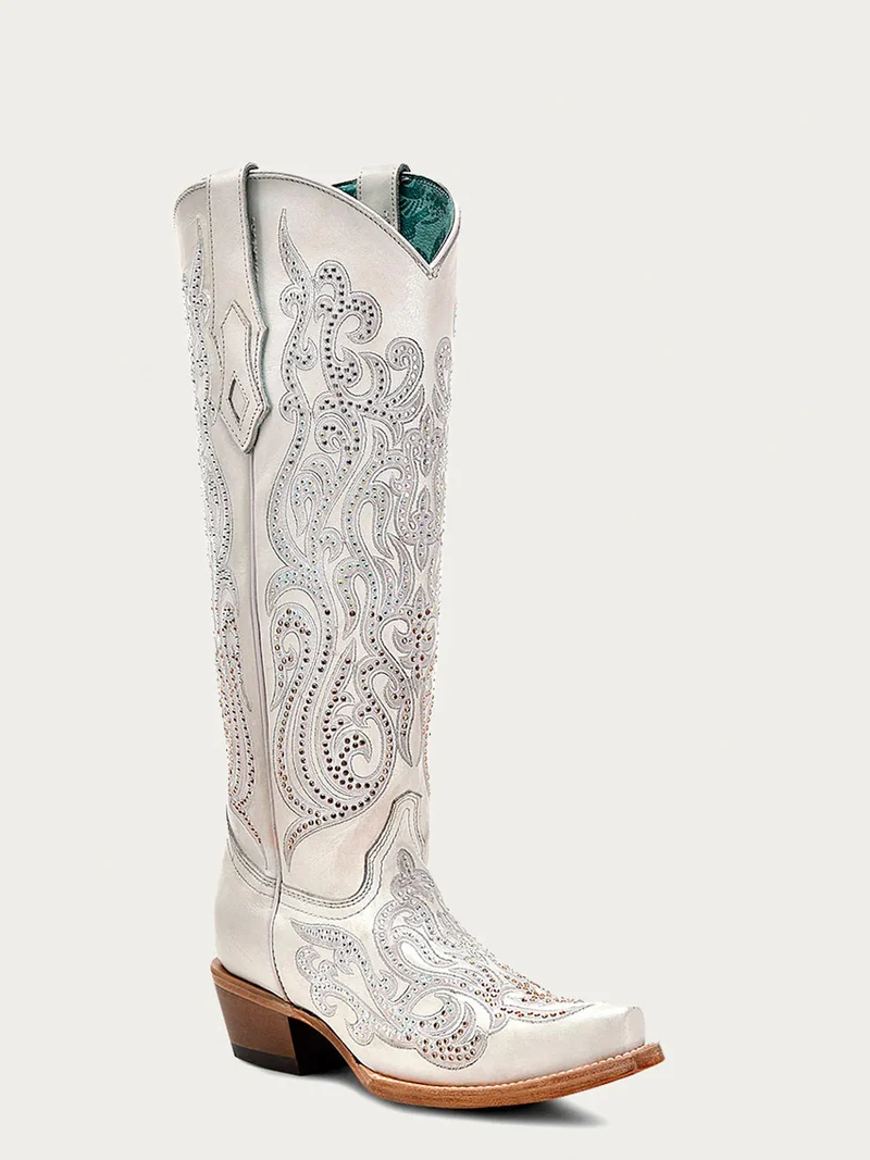 C4099 - WOMEN'S WHITE OVERLAY WITH CRYSTALS TALL TOP SNIP TOE COWBOY BOOT