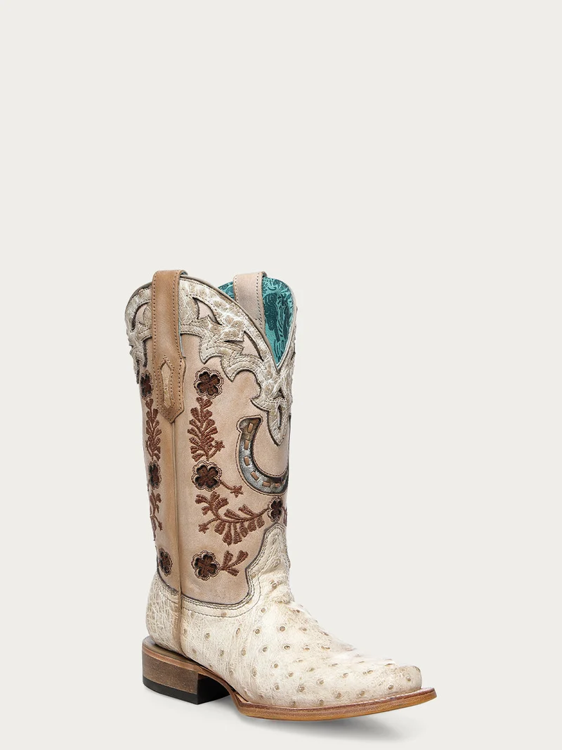 A4850 - WOMEN'S FLORAL AND HORSE-SHOE EMBROIDERY, WOVEN AND OVERLAY COWHIDE AND OSTRICH SQUARE TOE IVORY COWBOY BOOT