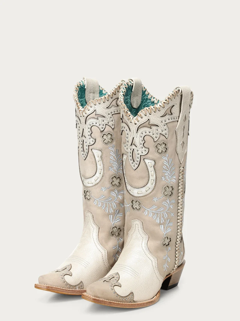 A5069 - WOMEN'S BONE HORSESHOE OVERLAY EMBROIDERY AND HANDWOVEN SNIP TOE COWBOY BOOT
