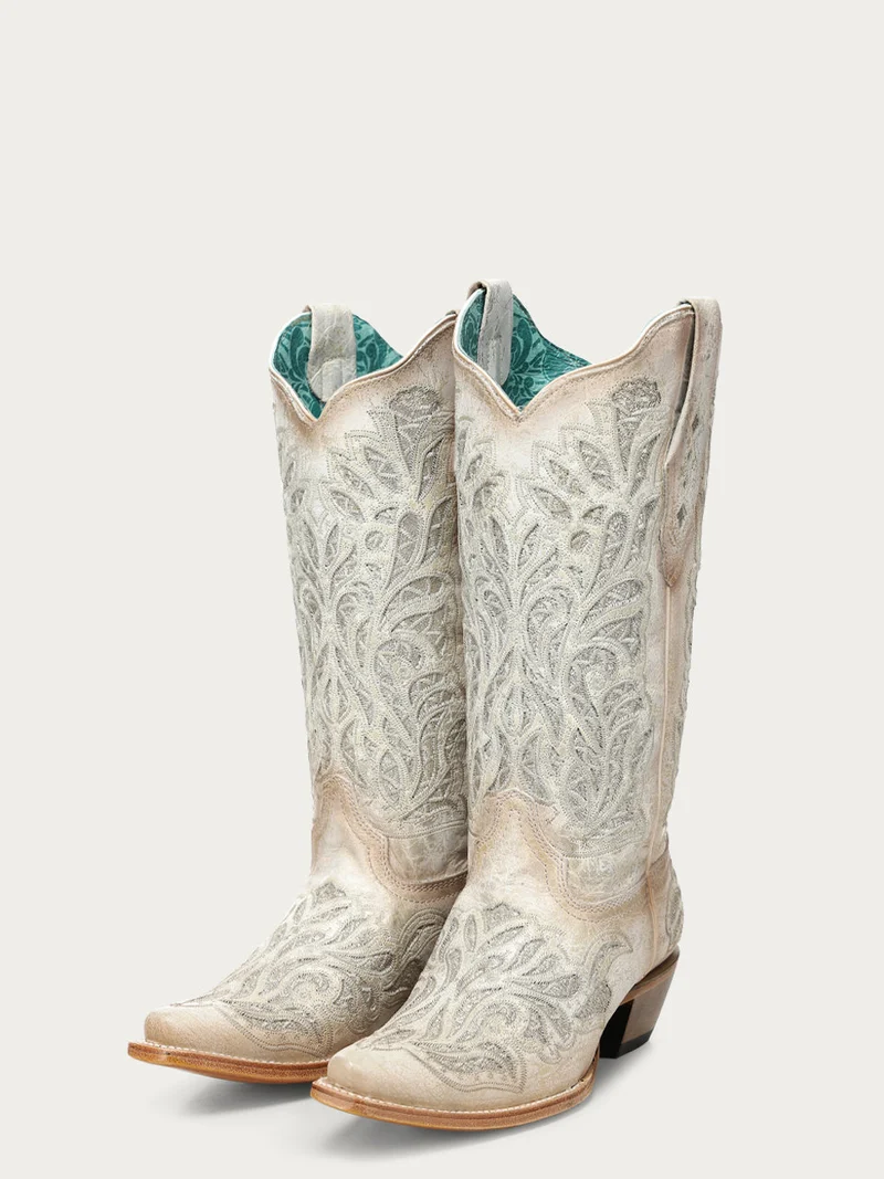 A5096 - WOMEN'S WHITE GLITTER INLAY AND EMBROIDERY SNIP TOE COWBOY BOOT
