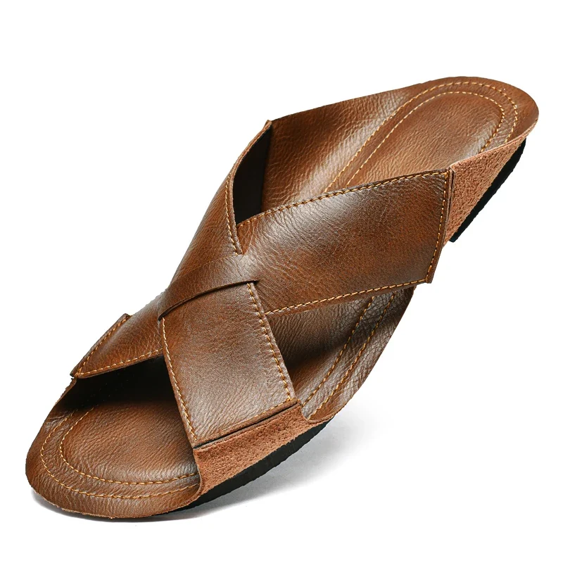 Sandalen met open teen van rundleer voor heren, platte slippers