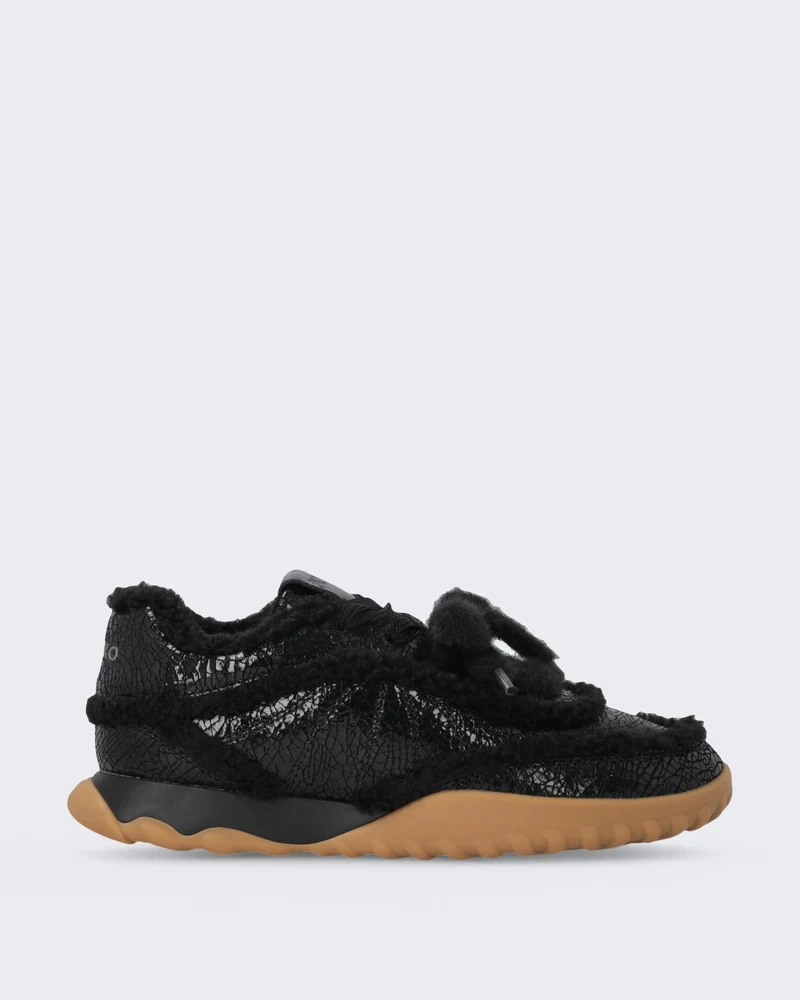 Dames Gea sneaker met craquelé en bont Zwart