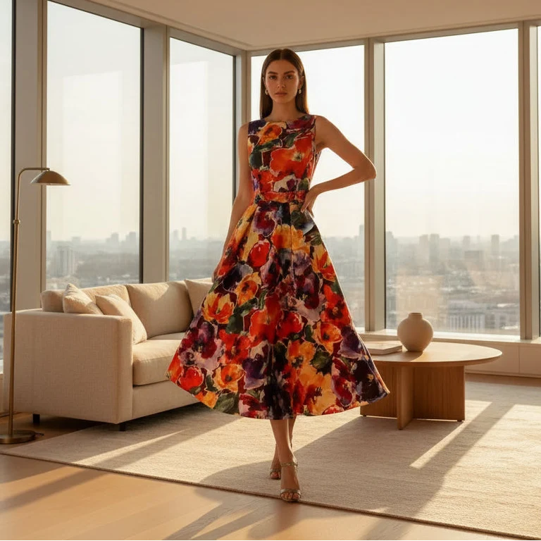 Elegante zomerjurk met bloemenprint in grote maten - Nauwsluitende mouwloze A-lijn jurk voor dames, perfect voor een gala.