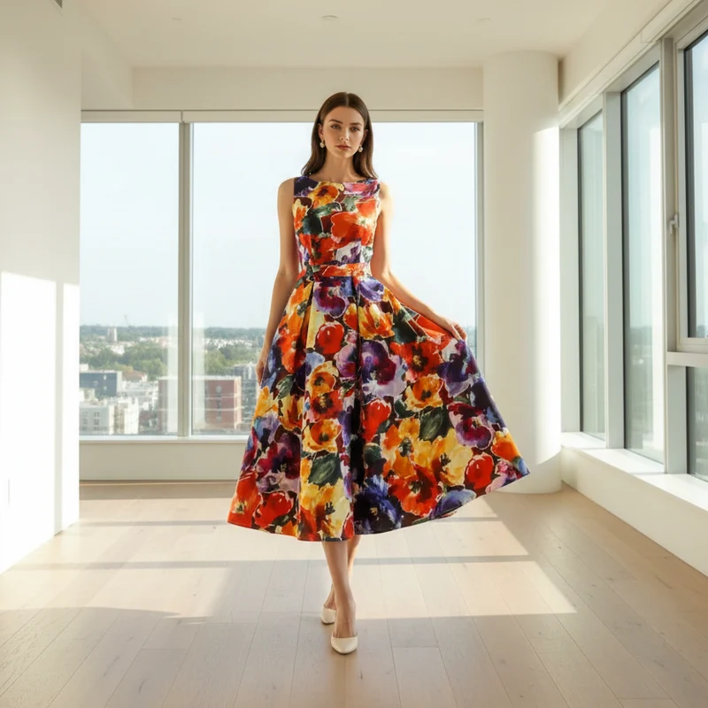 Elegante zomerjurk met bloemenprint in grote maten - Nauwsluitende mouwloze A-lijn jurk voor dames, perfect voor een gala.
