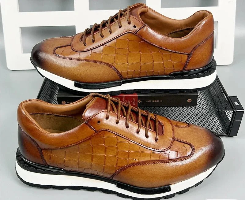 Leren platte sneakers voor heren - Echte leren veterschoenen met ronde neus