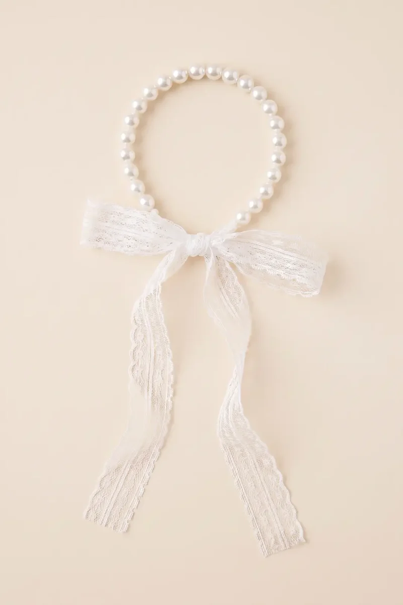 Pearl Wrapped Lace Ribbon Flower Girl Headband