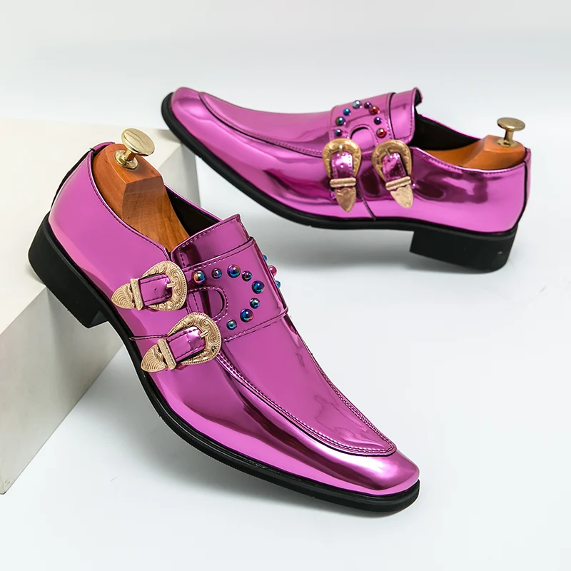 Luxe lakleren heren brogues met paarse strass steentjes