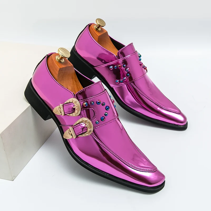 Luxe lakleren heren brogues met paarse strass steentjes
