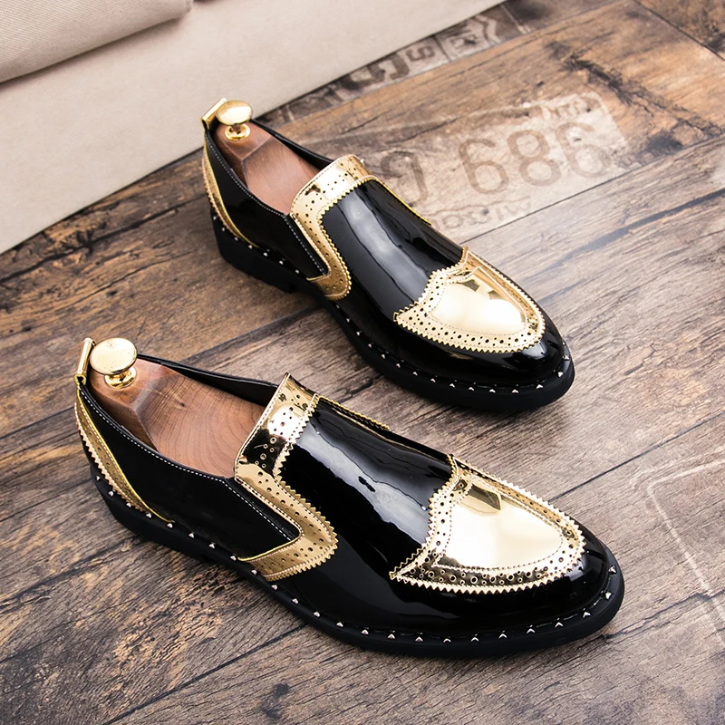 Formele herenschoenen in zwart, goud en zilver.