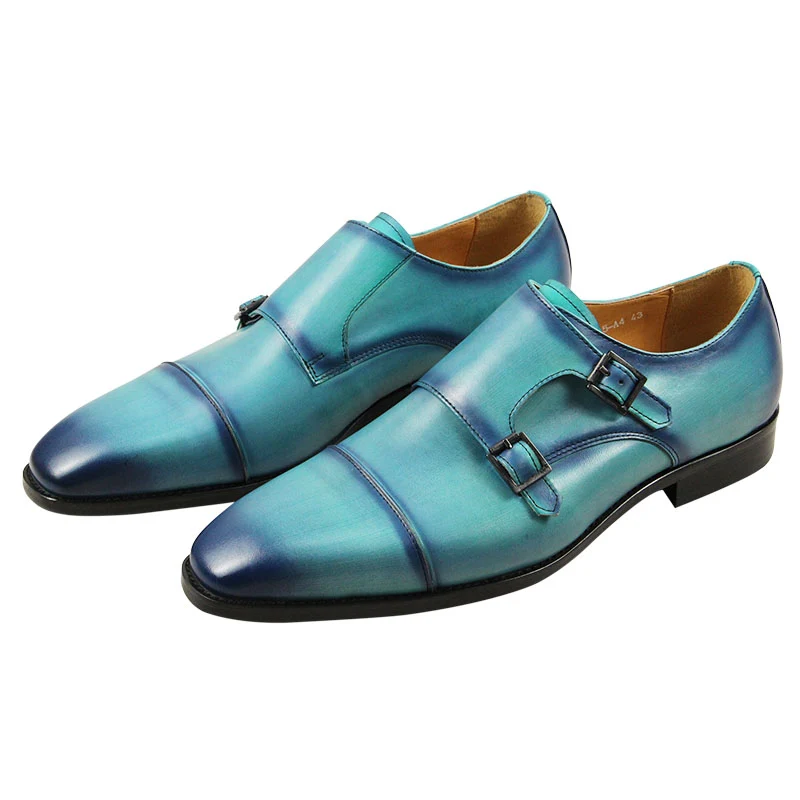 Hemelsblauwe herenschoenen met echte leren monniksband en penny-schoenen