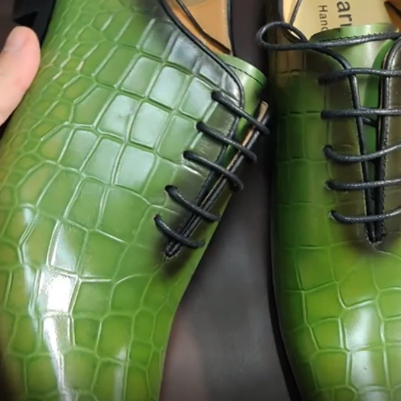 Herenschoenen van echt koeienleer, groen, krokodillenleer
