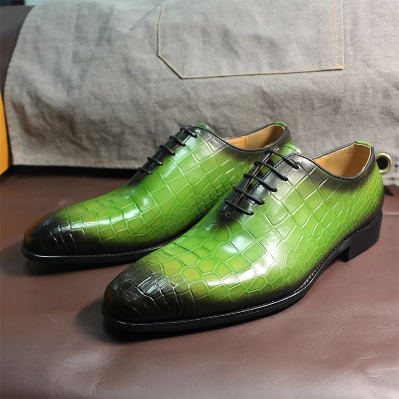Herenschoenen van echt koeienleer, groen, krokodillenleer