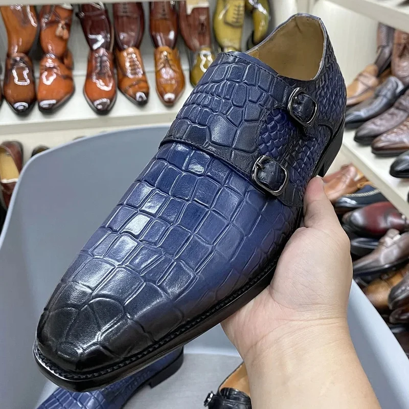 Echt leren luxe krokodillenprint dubbele gesp puntige neus