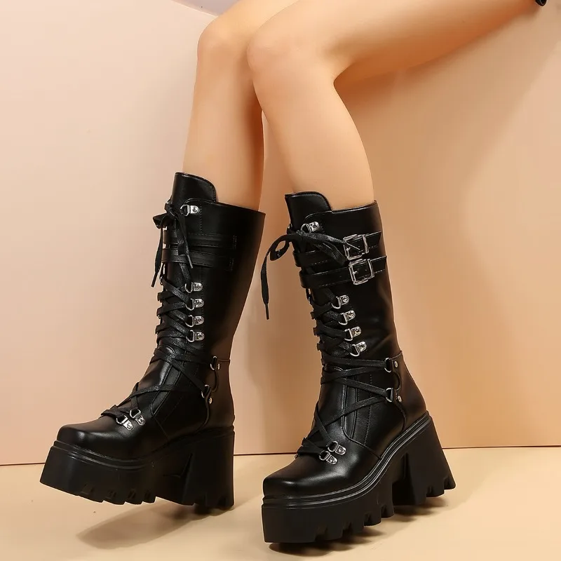 Mode Mid Tube Laarzen Veterschoenen Hoge Platform Wedges