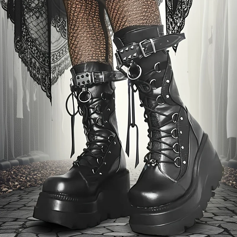 Mode klinknagel gesp punk wedges hoge hakken feest cosplay laarzen