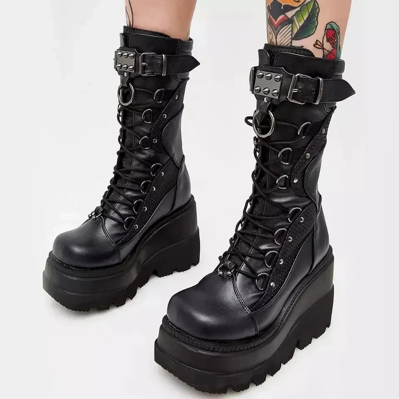 Mode klinknagel gesp punk wedges hoge hakken feest cosplay laarzen