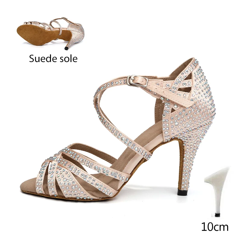 Latin dansschoenen voor dames met strass steentjes en Cubaanse hakken