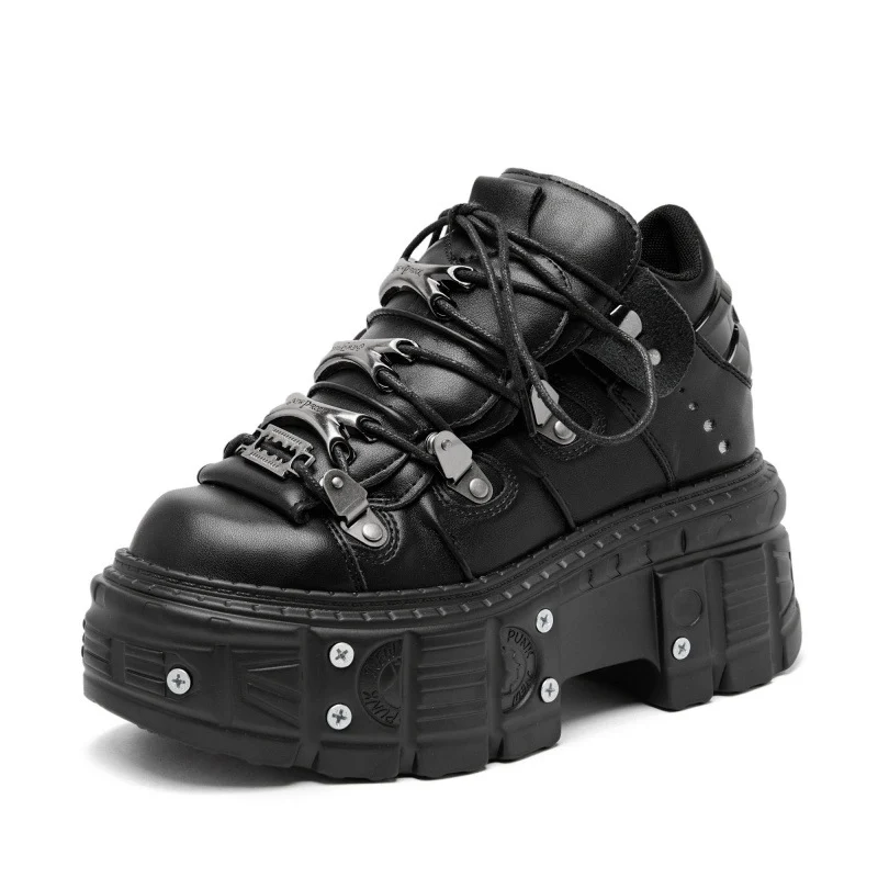 Zwarte rockmetal veterschoenen met hoge hakken