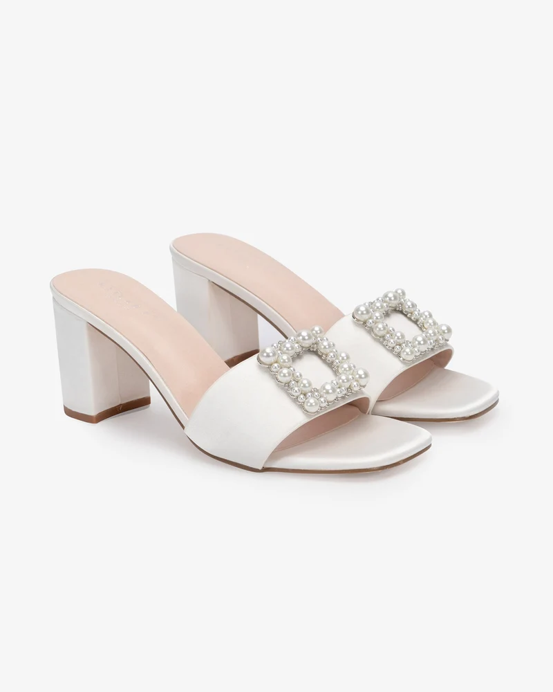 Satin Block Heels Slide Wedding Sandals with Pearlisse Buckle