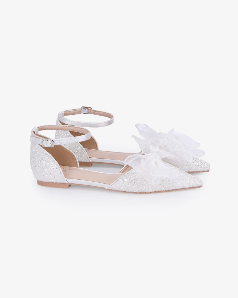 Rock Glitter Pointy Toe Flats with Organza Bow