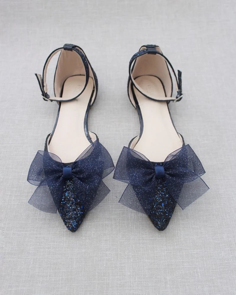 Rock Glitter Pointy Toe Flats with Organza Bow