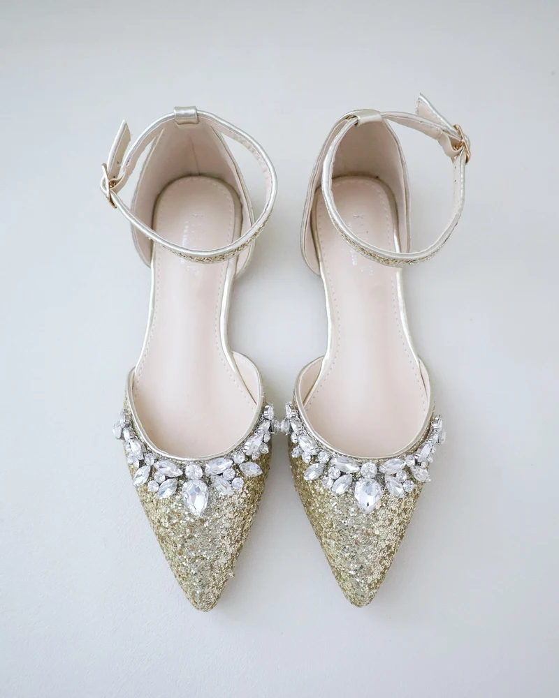 Pointy Toe Glitter Ankle Strap Flats with Teardrop Rhinestones