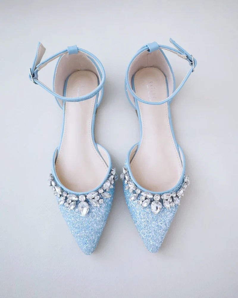 Pointy Toe Glitter Ankle Strap Flats with Teardrop Rhinestones