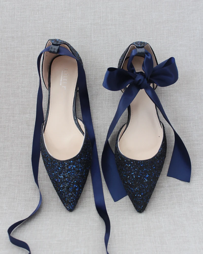Rock Glitter Pointy Toe Flats with Satin Ankle Tie or Ballerina Lace Up