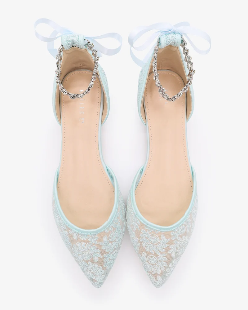 Wedding Crochet Lace Pointy Toe Flats with Amaryllis Crystal Strap