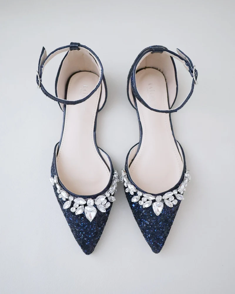 Pointy Toe Glitter Ankle Strap Flats with Teardrop Rhinestones