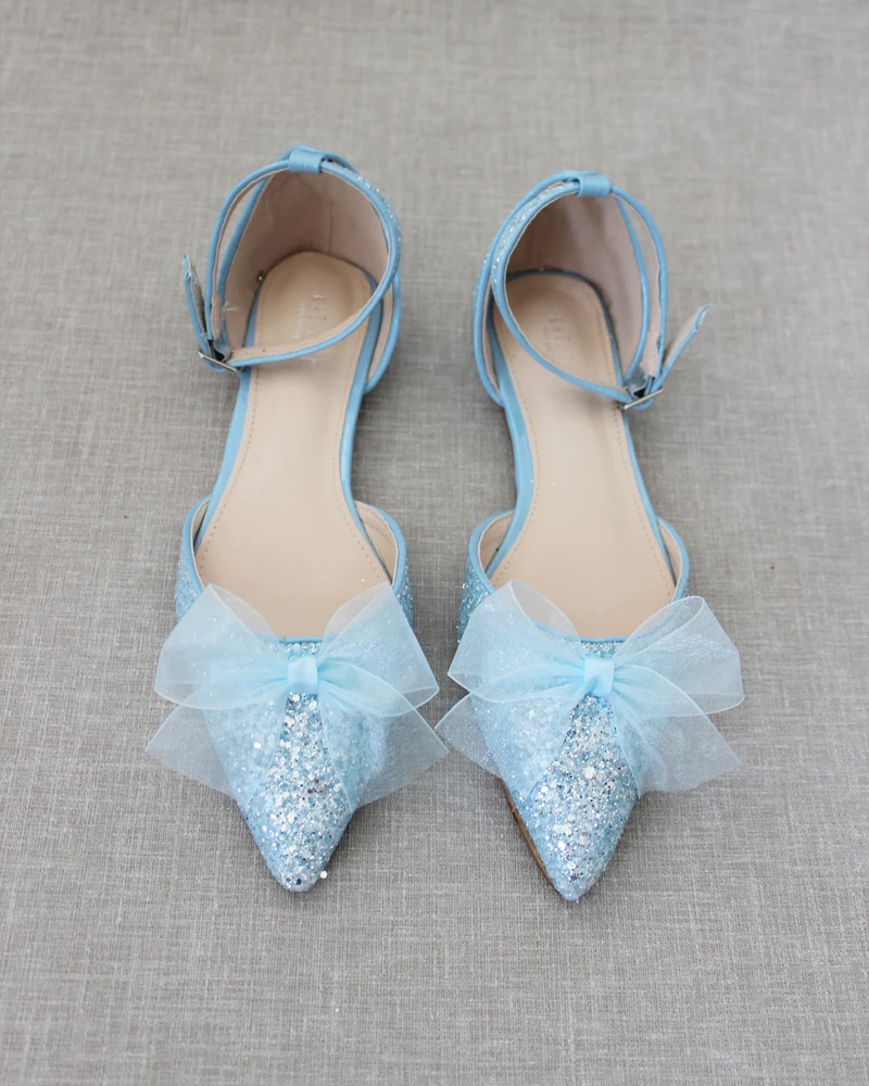 Rock Glitter Pointy Toe Flats with Organza Bow