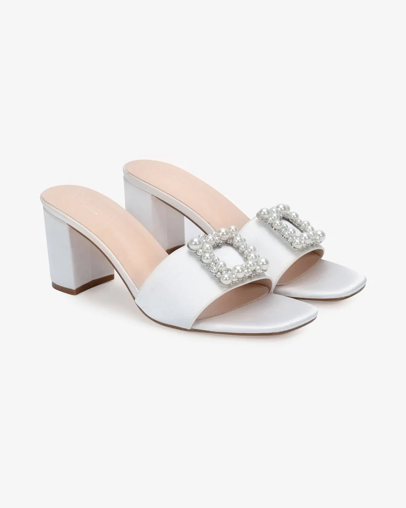 Satin Block Heels Slide Wedding Sandals with Pearlisse Buckle