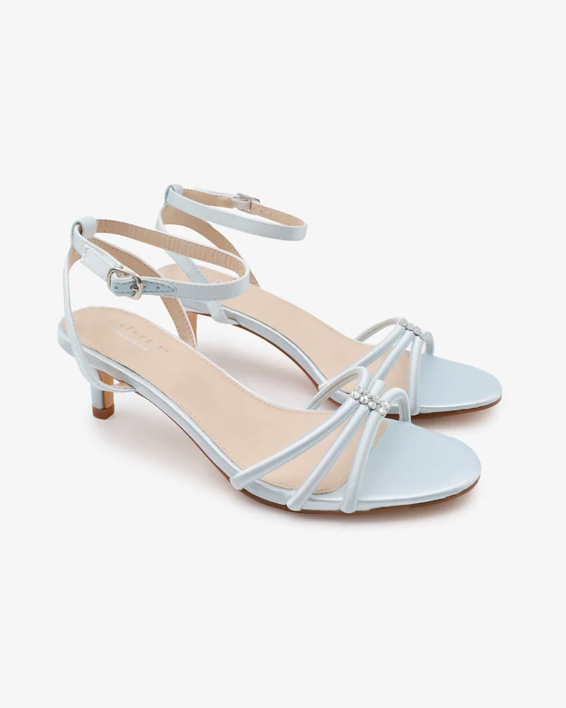 Satin Strappy Kitten Heel Wedding Sandals with Rhinestones