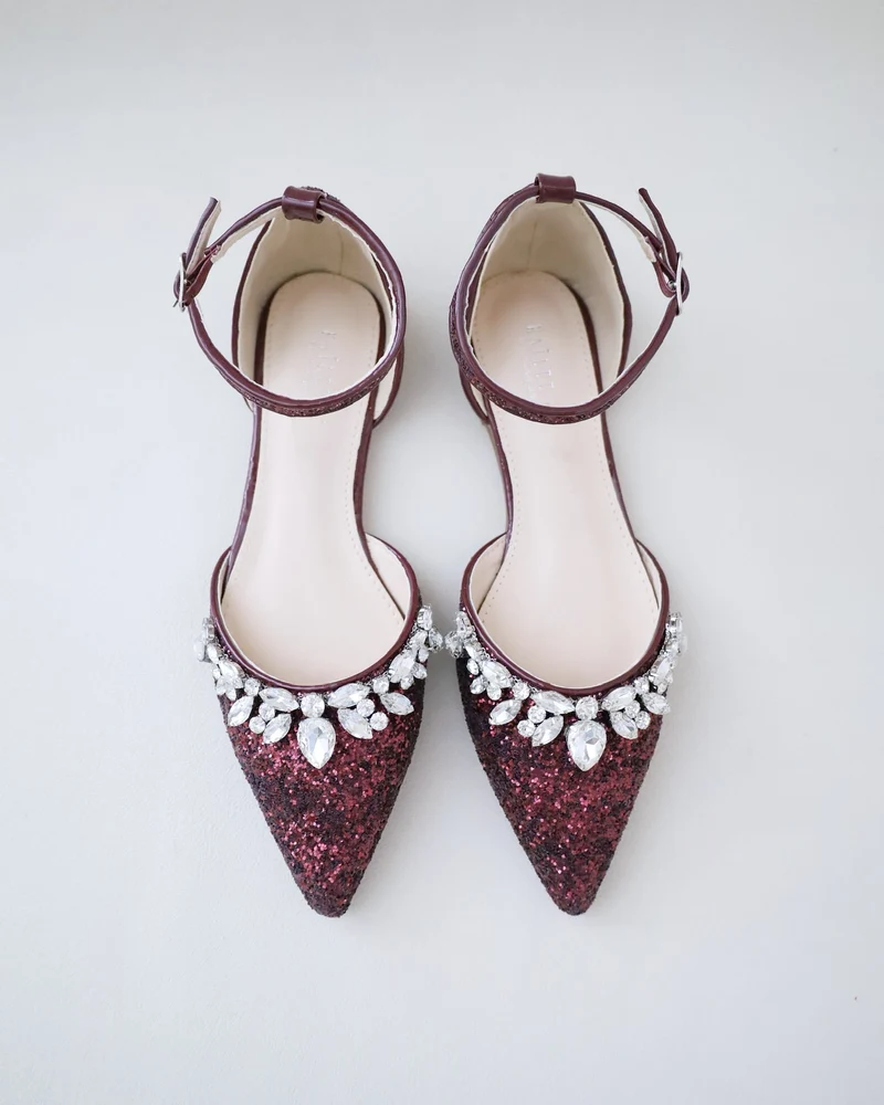 Pointy Toe Glitter Ankle Strap Flats with Teardrop Rhinestones