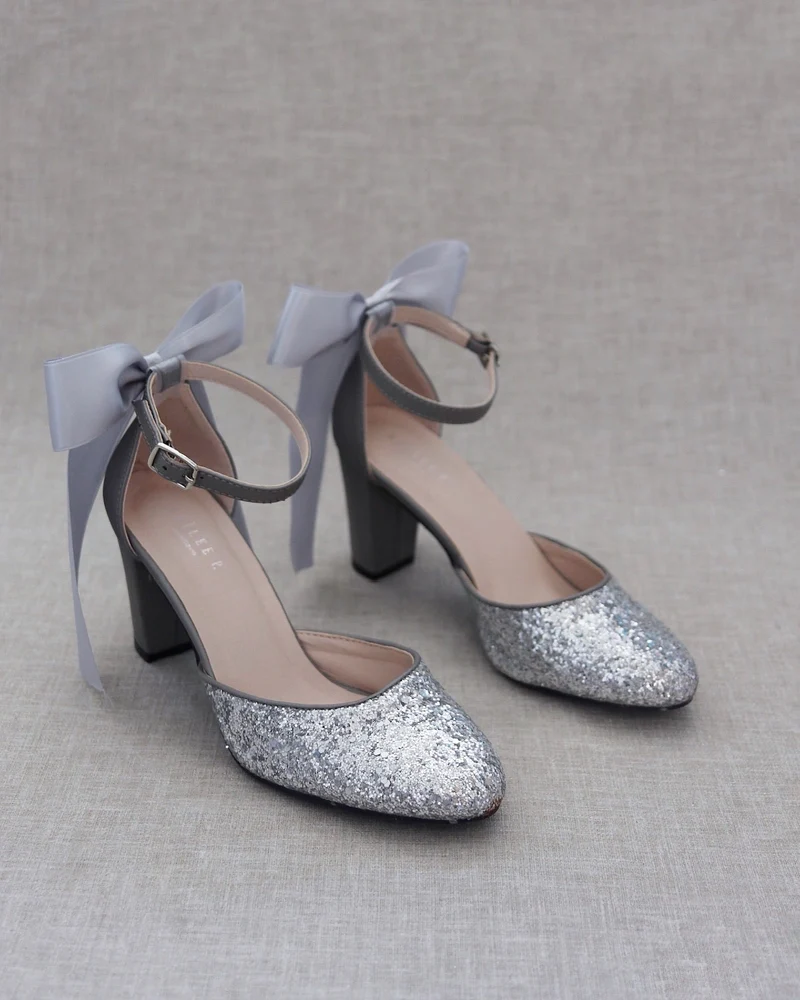 Rock Glitter Block Heel with Back Satin Bow