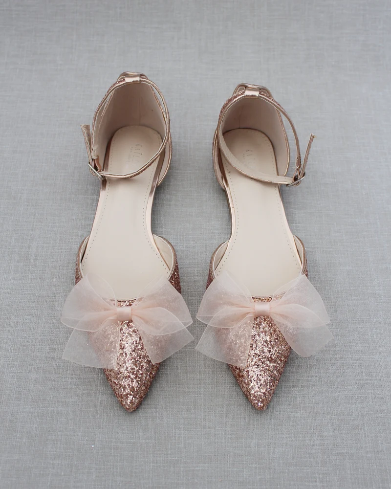 Rock Glitter Pointy Toe Flats with Organza Bow