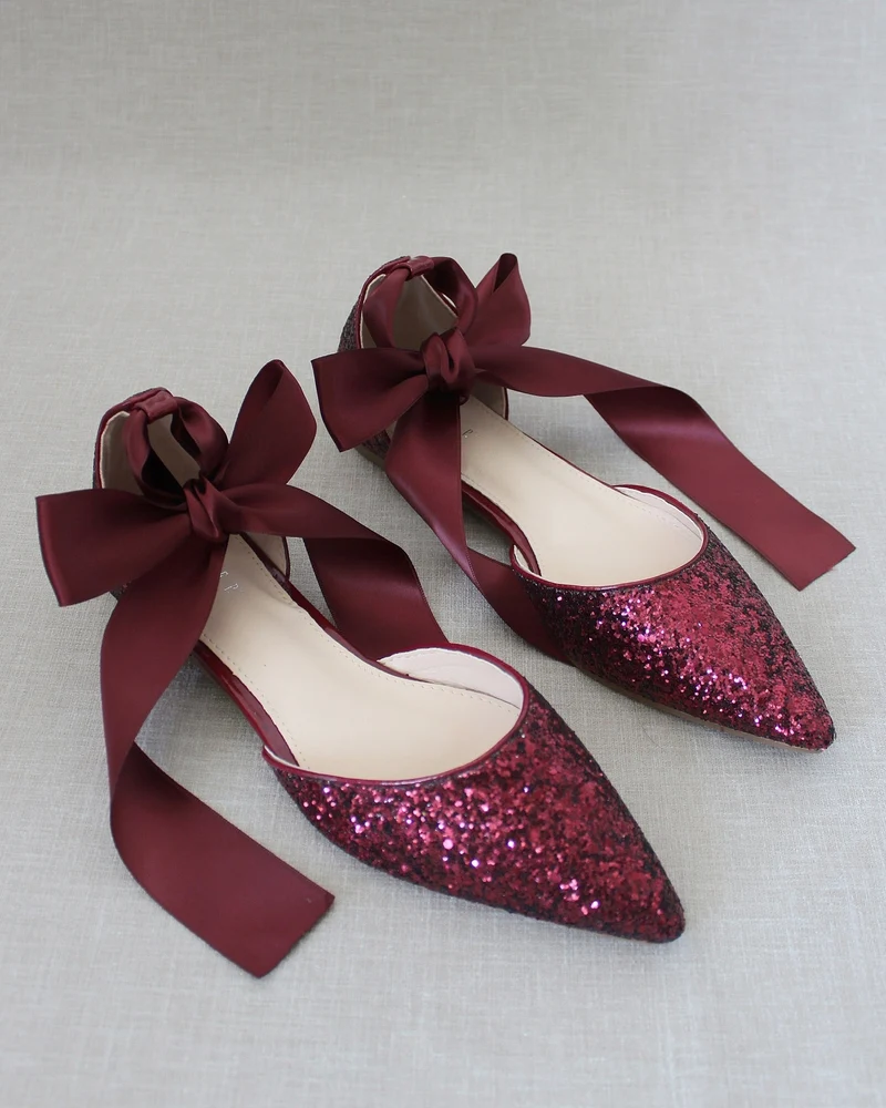 Rock Glitter Pointy Toe Flats with Satin Ankle Tie or Ballerina Lace Up