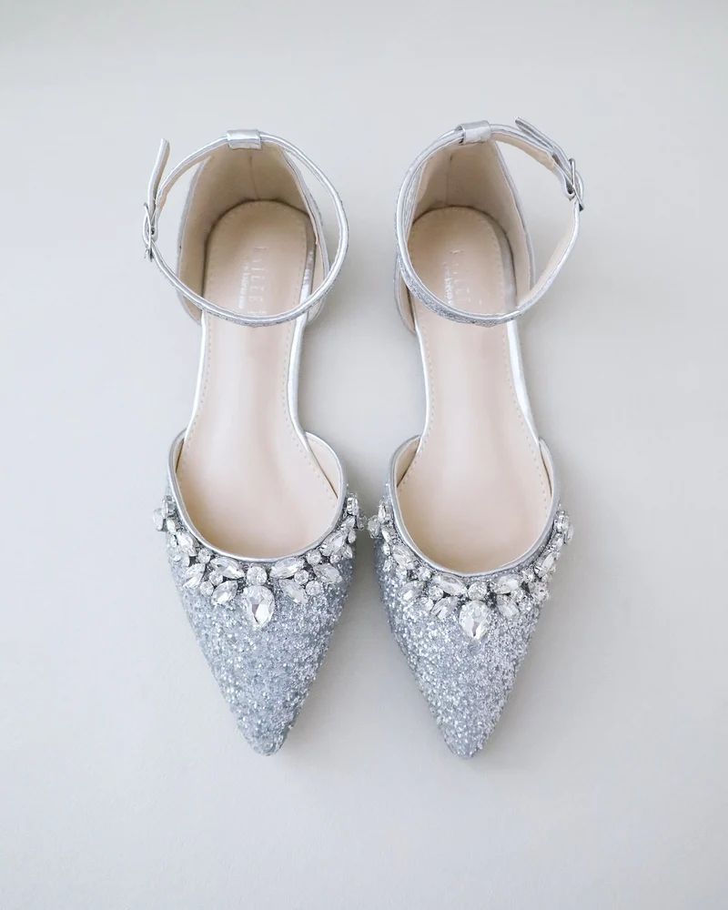 Pointy Toe Glitter Ankle Strap Flats with Teardrop Rhinestones