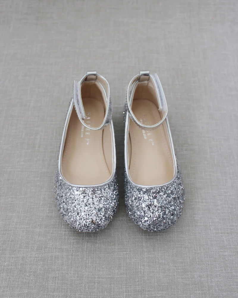 Rock Glitter Ballet Flats With Velcro Ankle Strap