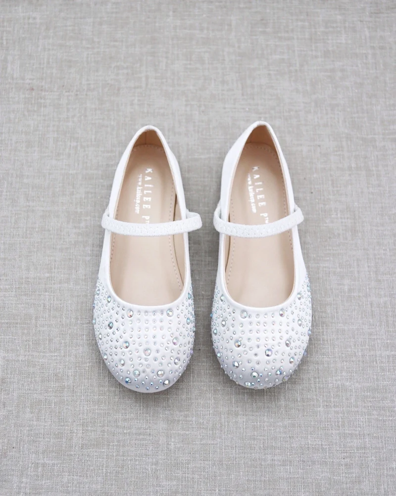 Satin Mary Jane Flats With Rhinestones Embellishment