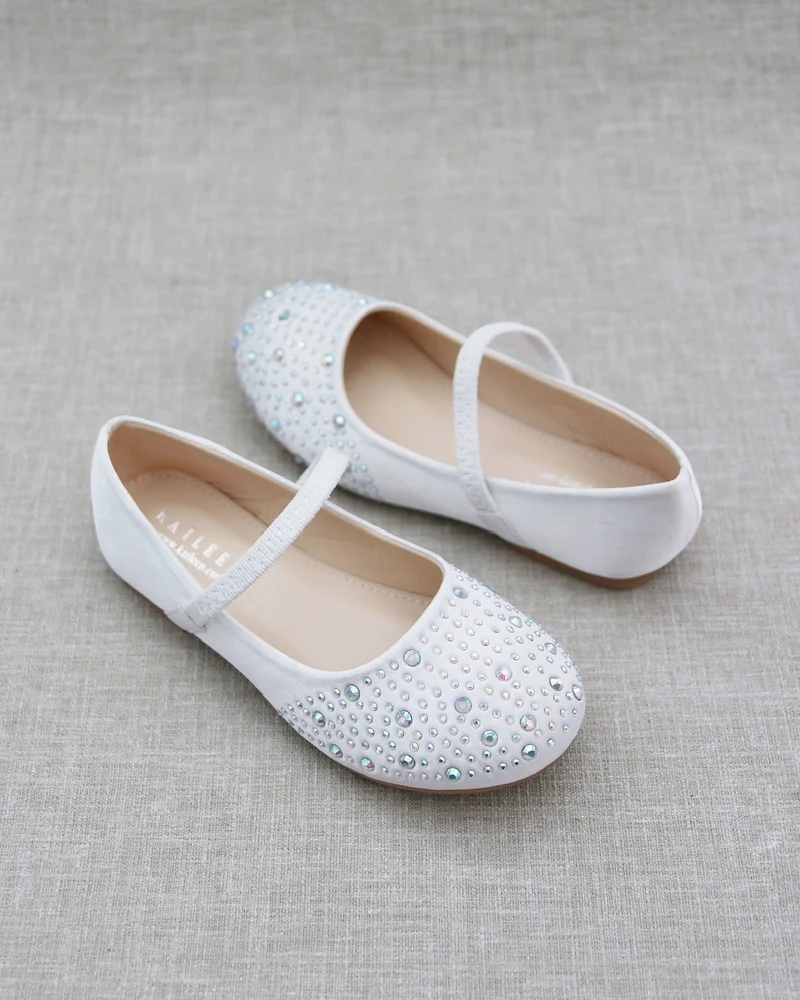 Satin Mary Jane Flats With Rhinestones Embellishment