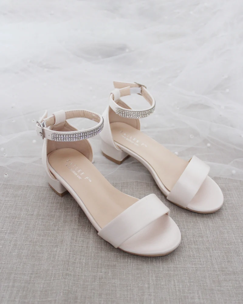 Satin Girls Block Heel Sandals with Mini Rhinestones Embellished Ankle Strap
