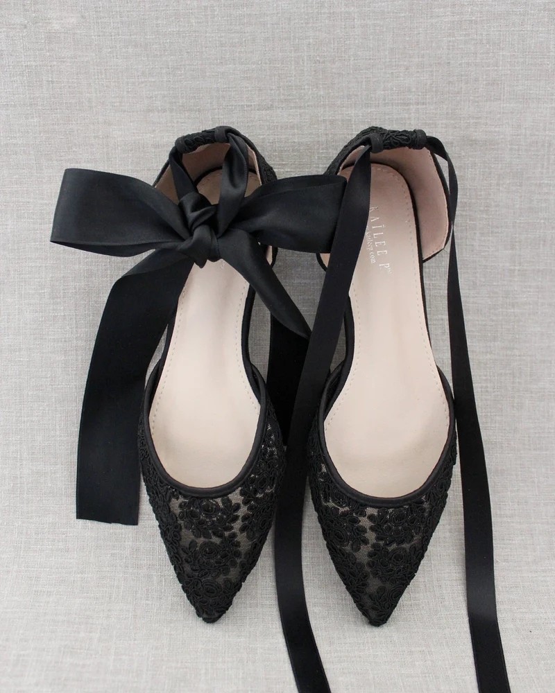 Evening Crochet Lace Pointy Toe with Ballerina Lace Up or Ankle Tie