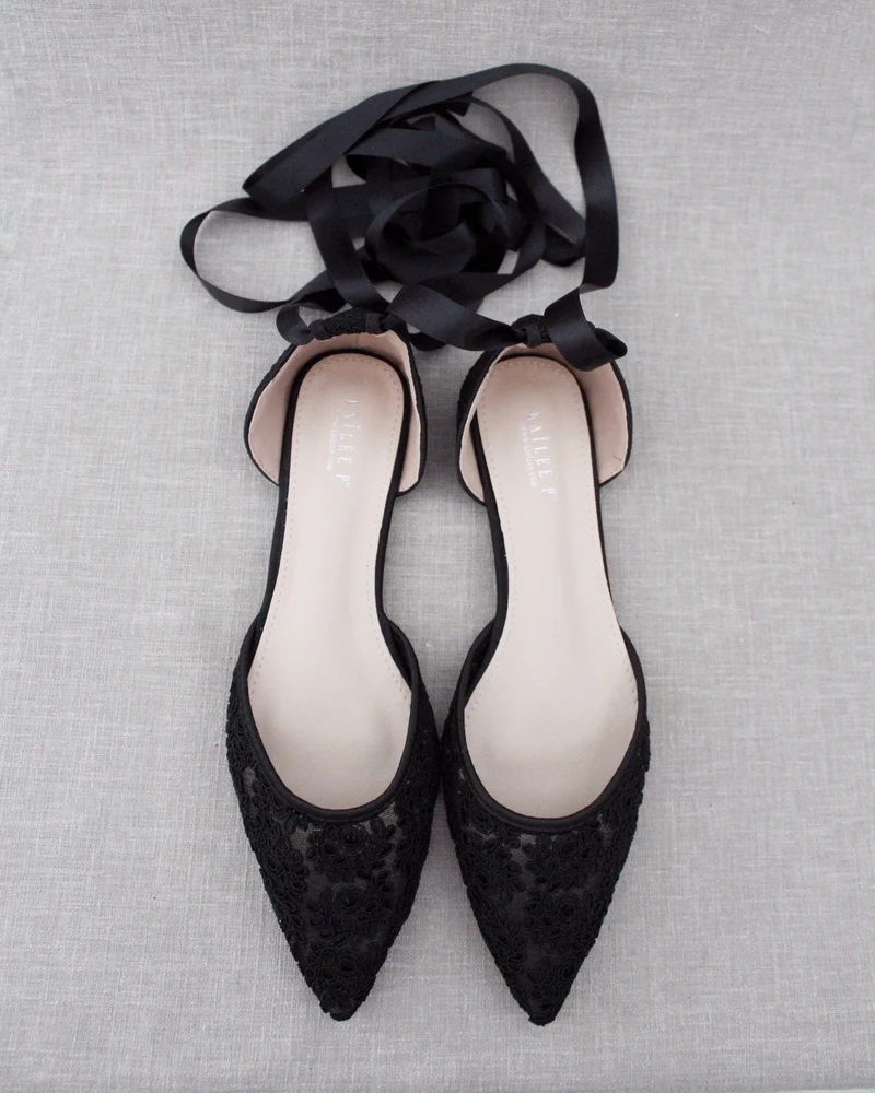Evening Crochet Lace Pointy Toe with Ballerina Lace Up or Ankle Tie