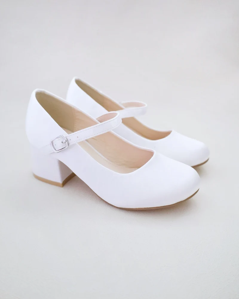 Girls Satin Mary Jane Block Heel