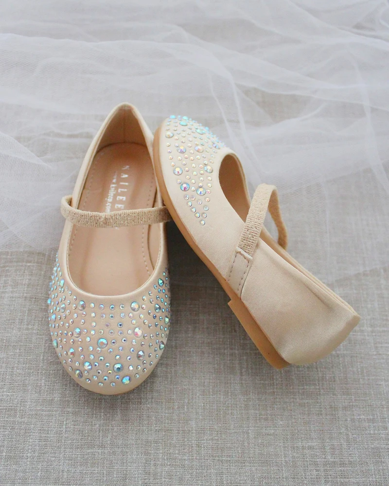 Satin Mary Jane Flats with Rhinestones Embellishment