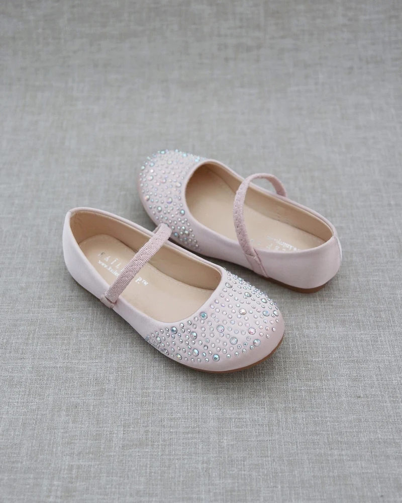 Satin Maryjane Flats with Rhinestones Embellishment