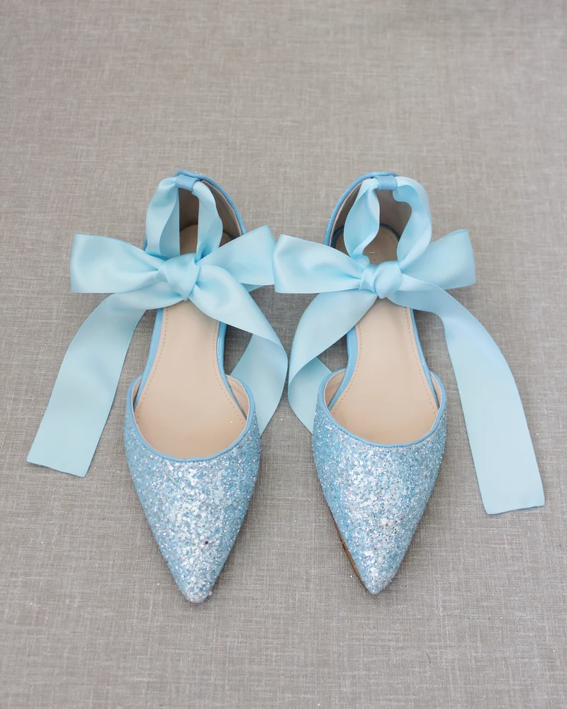 Rock Glitter Pointy Toe Flats with Satin Ankle Tie or Ballerina Lace Up