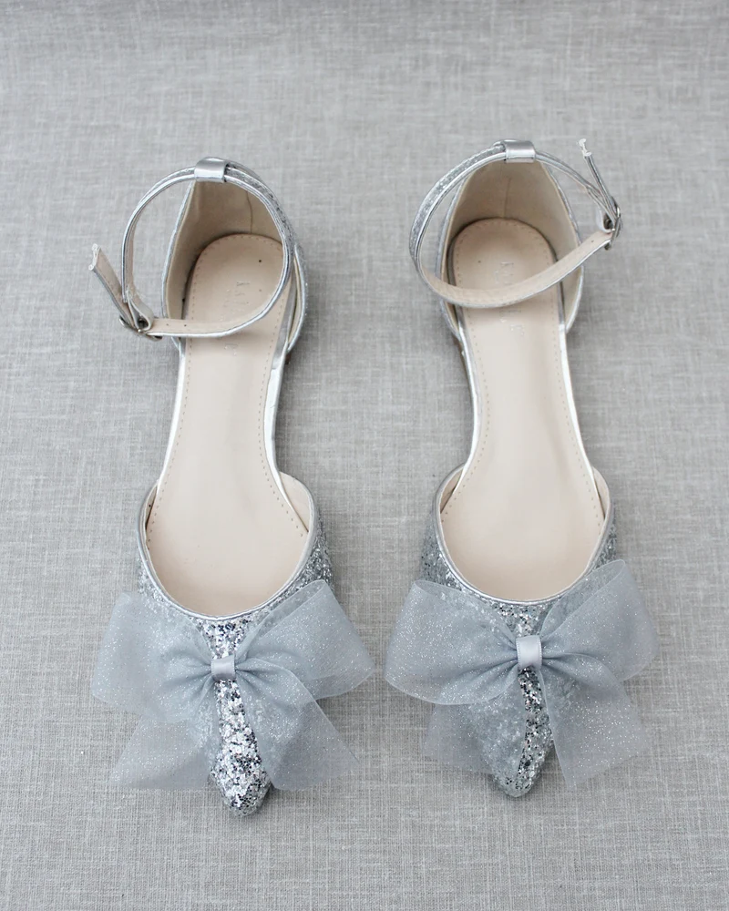 Rock Glitter Pointy Toe Flats with Organza Bow
